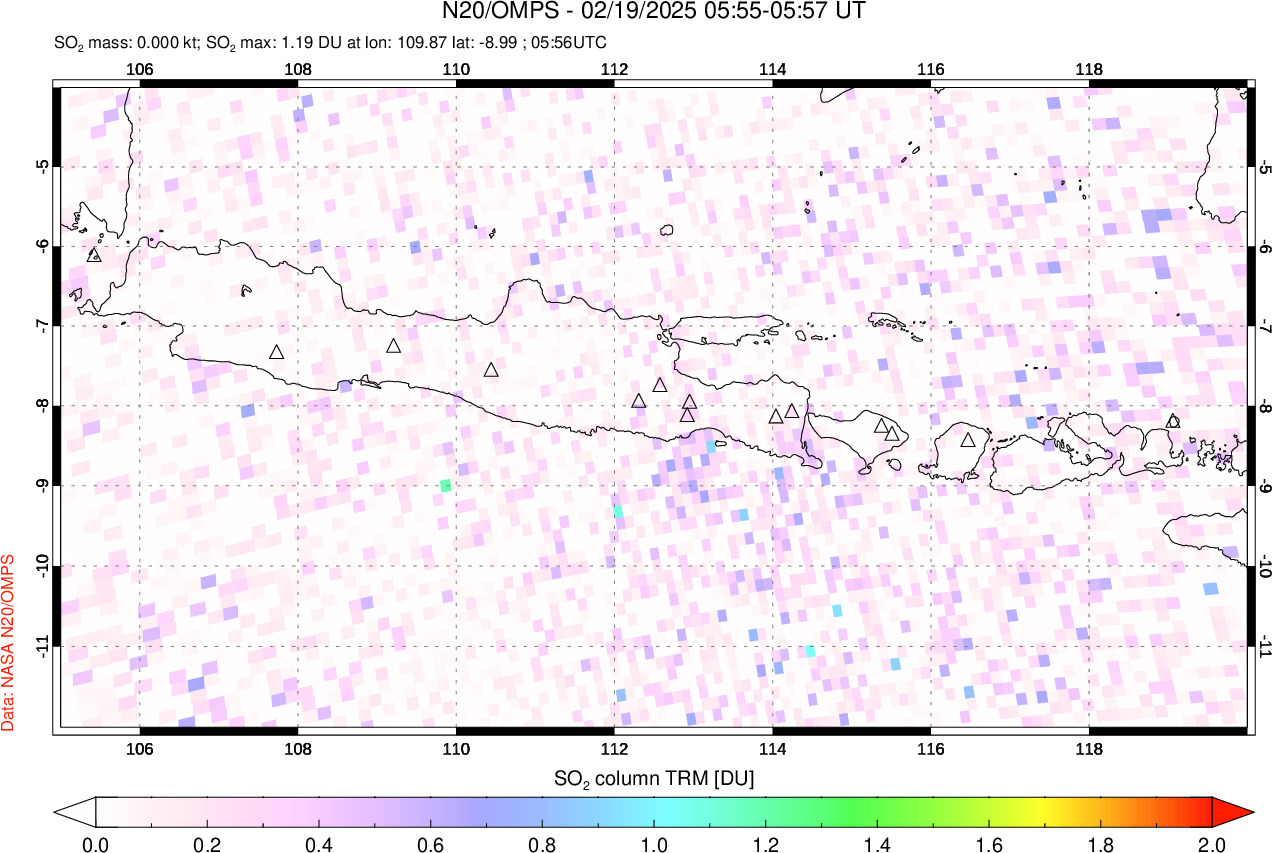 A sulfur dioxide image over Java, Indonesia on Feb 19, 2025.