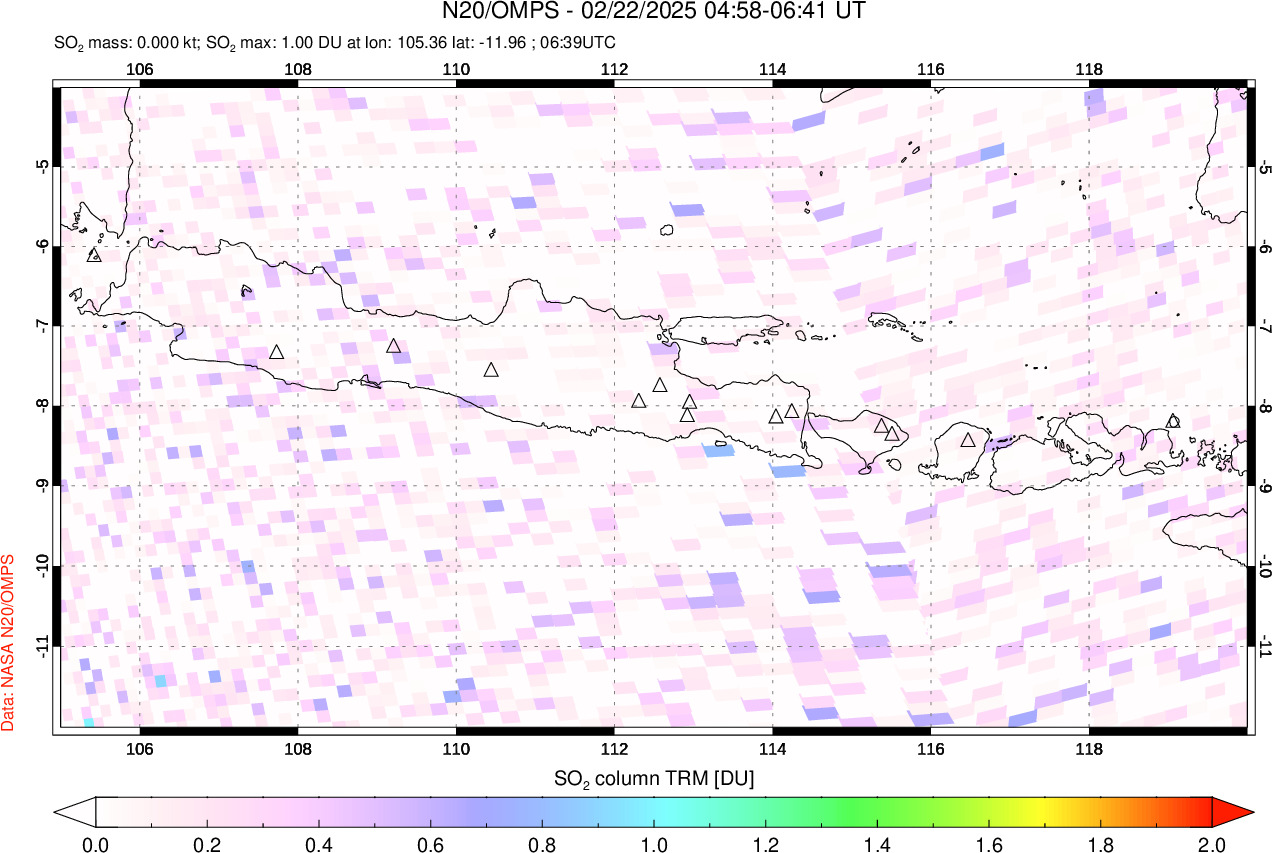 A sulfur dioxide image over Java, Indonesia on Feb 22, 2025.