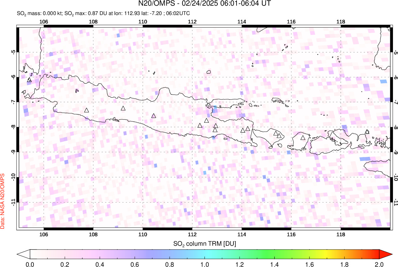 A sulfur dioxide image over Java, Indonesia on Feb 24, 2025.