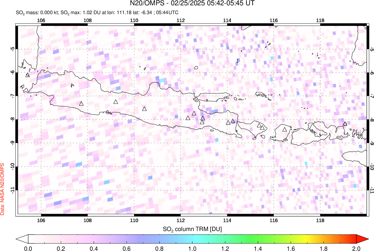A sulfur dioxide image over Java, Indonesia on Feb 25, 2025.