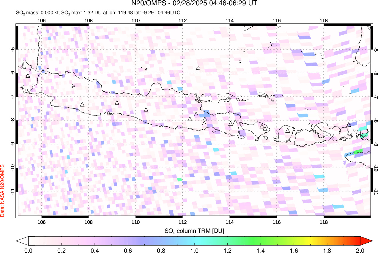 A sulfur dioxide image over Java, Indonesia on Feb 28, 2025.