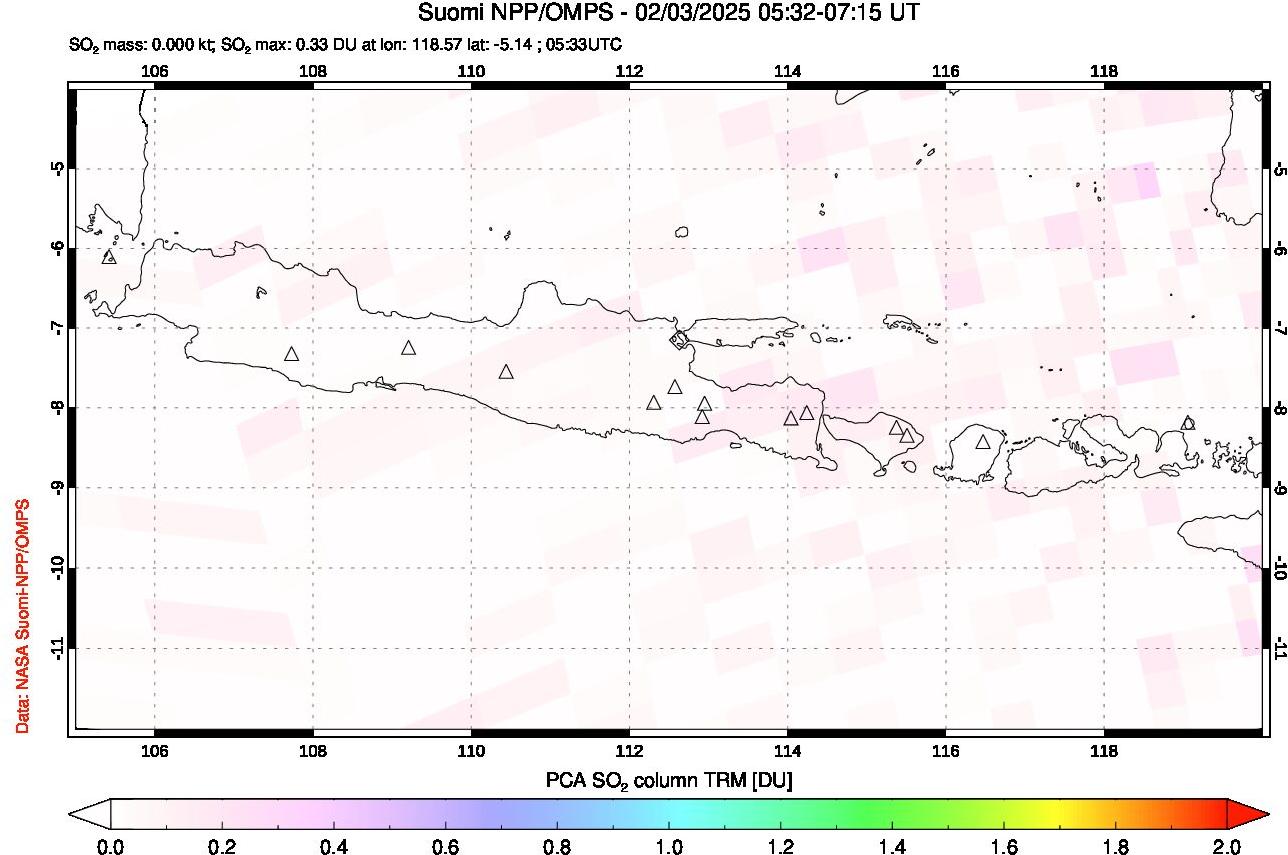 A sulfur dioxide image over Java, Indonesia on Feb 03, 2025.