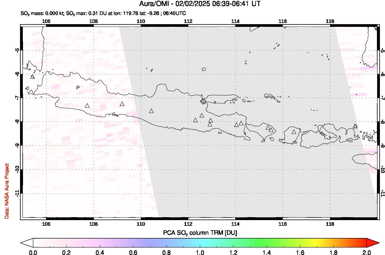 A sulfur dioxide image over Java, Indonesia on Feb 02, 2025.