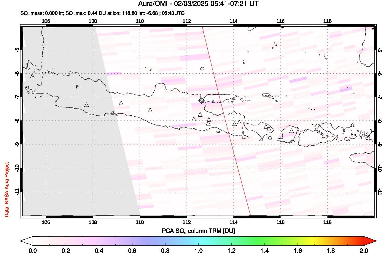 A sulfur dioxide image over Java, Indonesia on Feb 03, 2025.