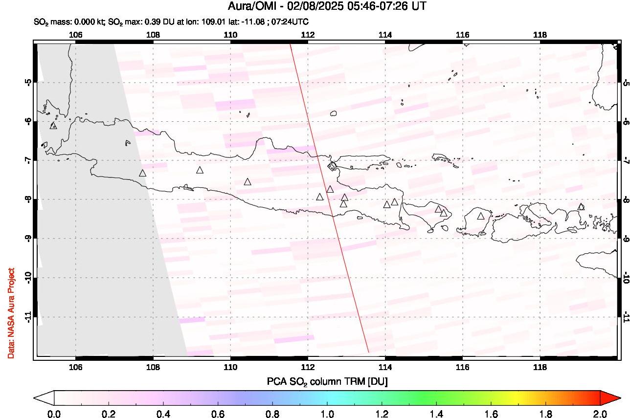A sulfur dioxide image over Java, Indonesia on Feb 08, 2025.