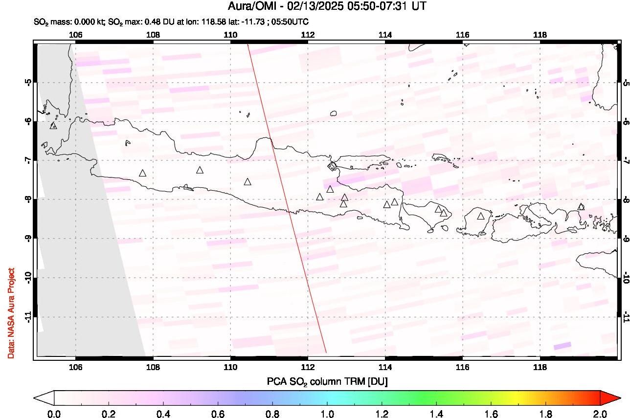 A sulfur dioxide image over Java, Indonesia on Feb 13, 2025.