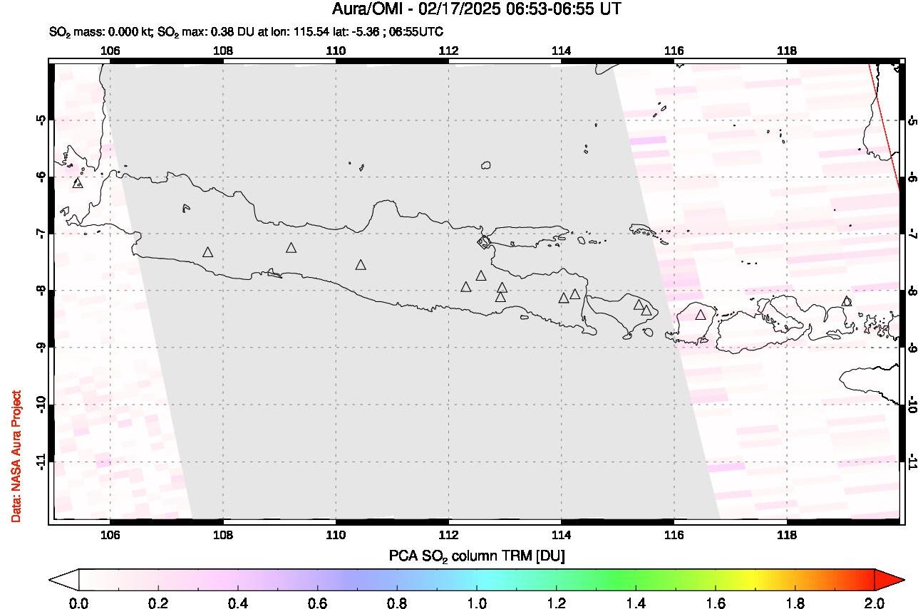 A sulfur dioxide image over Java, Indonesia on Feb 17, 2025.