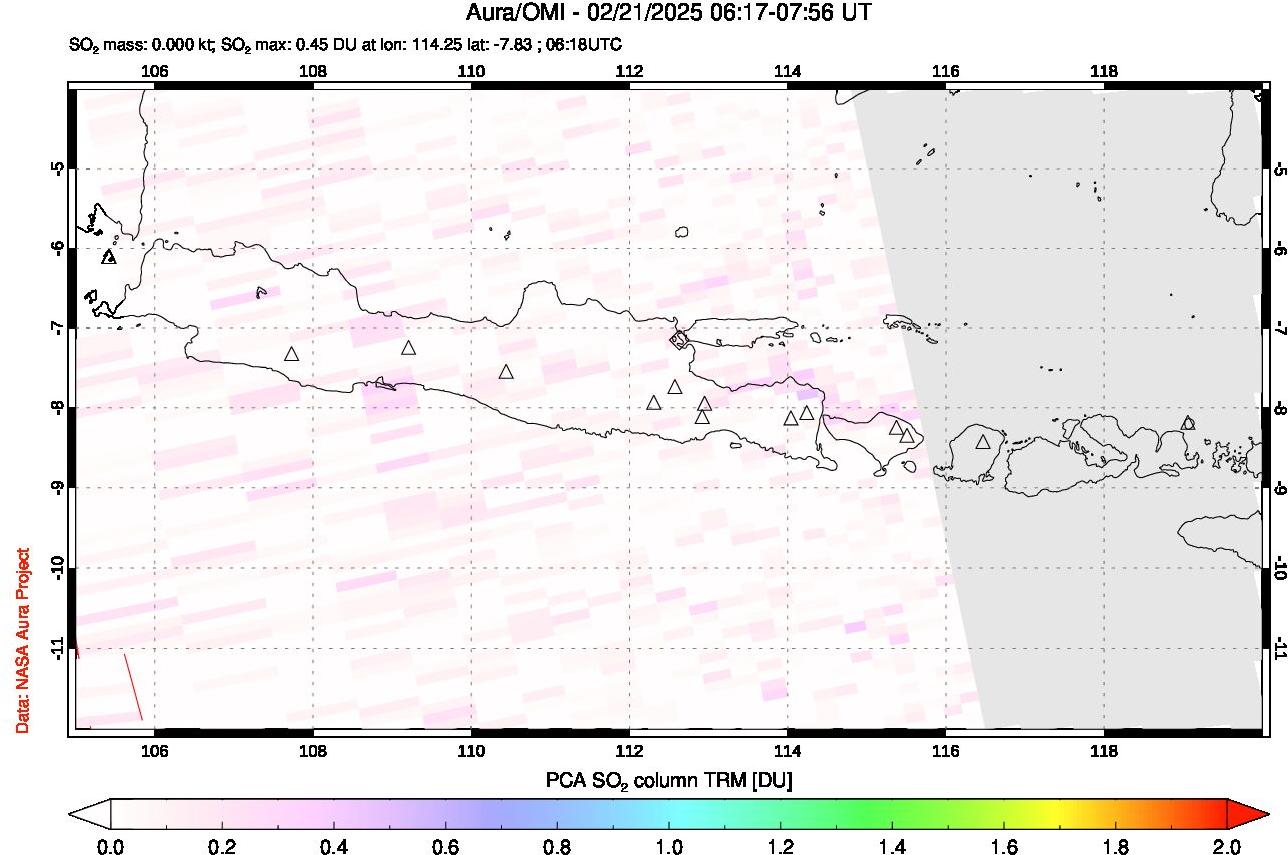 A sulfur dioxide image over Java, Indonesia on Feb 21, 2025.