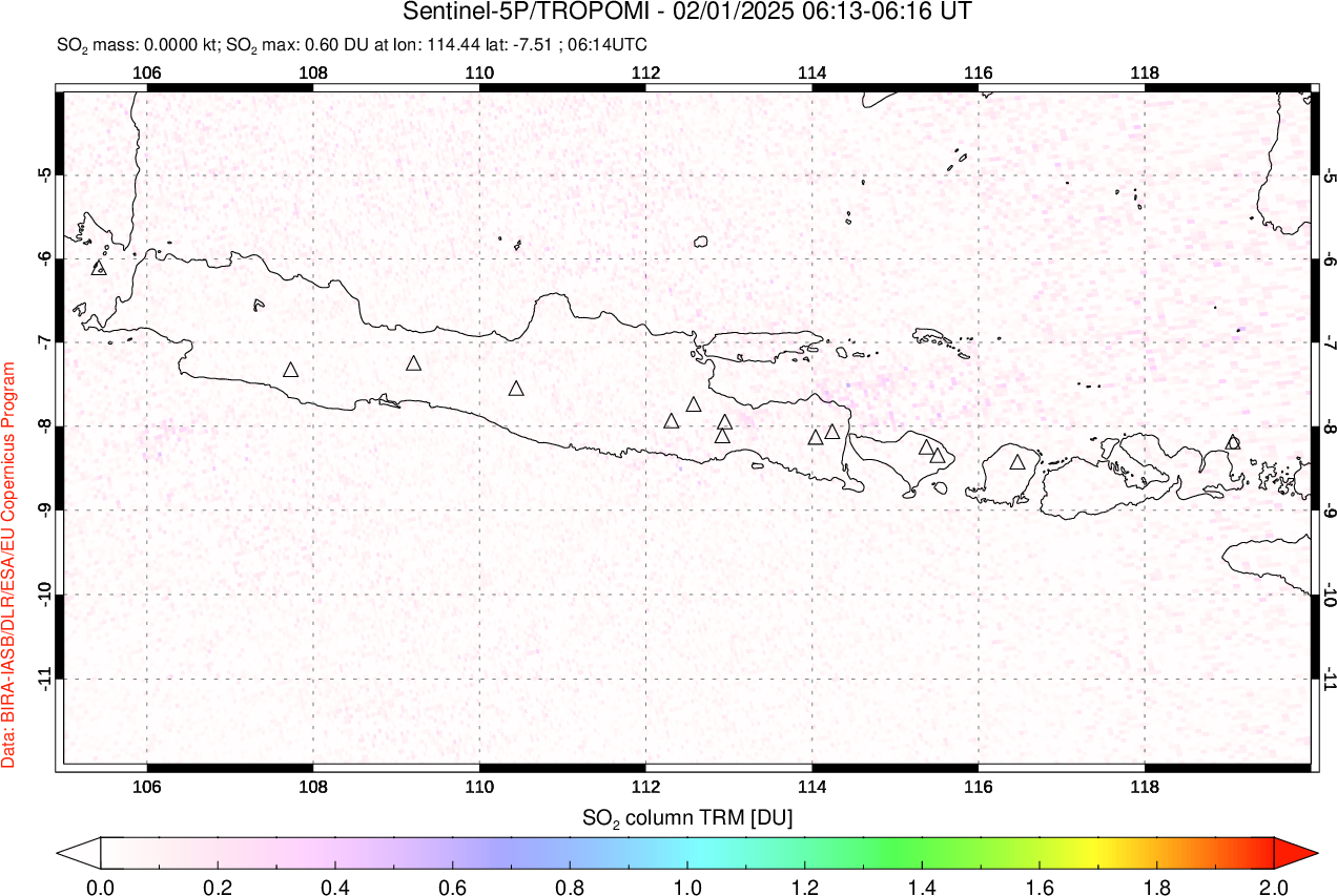 A sulfur dioxide image over Java, Indonesia on Feb 01, 2025.