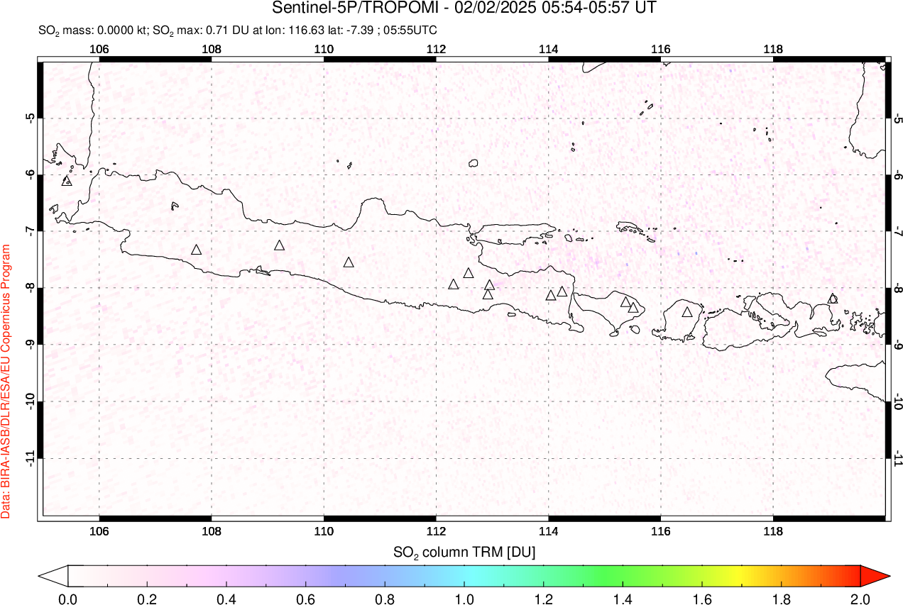 A sulfur dioxide image over Java, Indonesia on Feb 02, 2025.