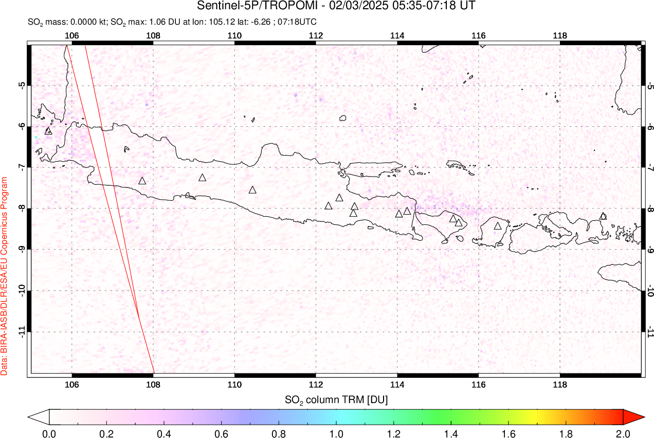 A sulfur dioxide image over Java, Indonesia on Feb 03, 2025.