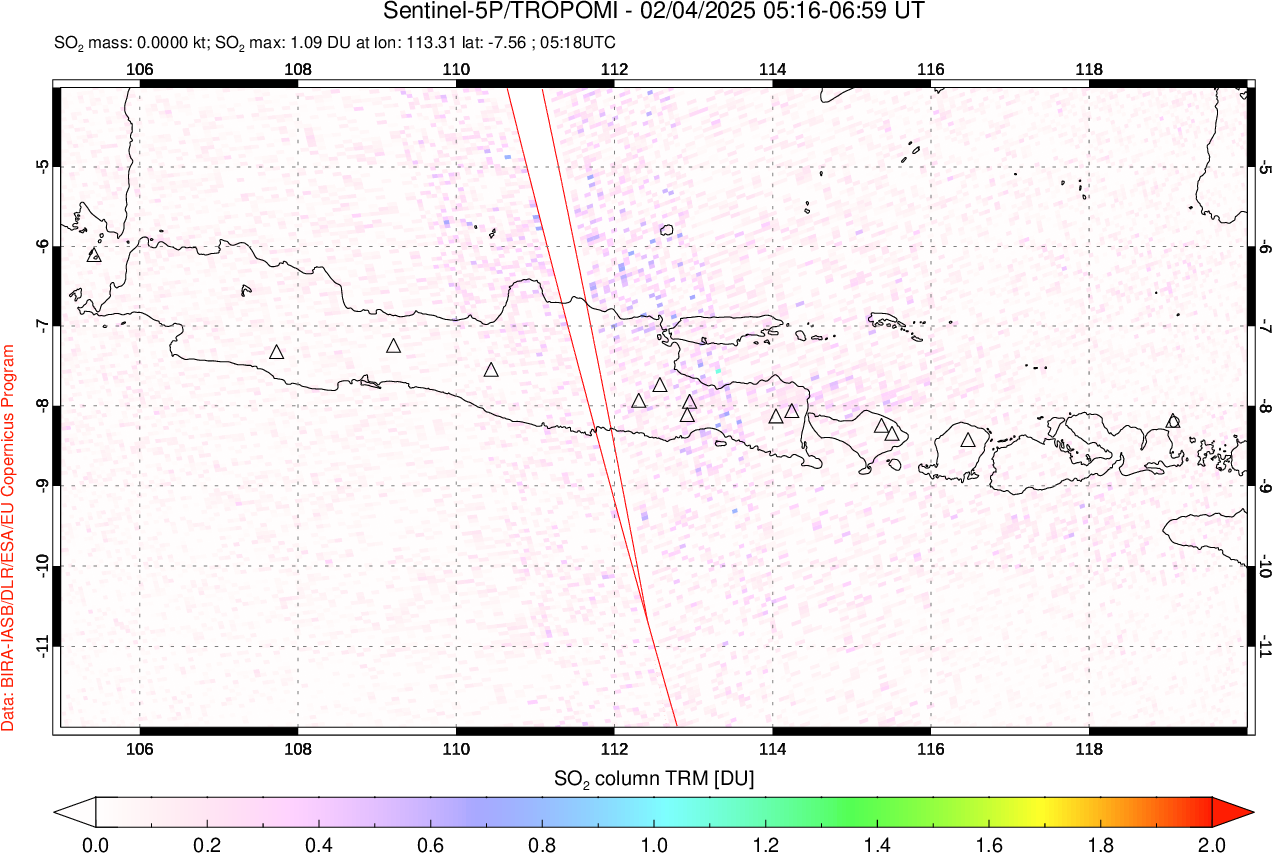 A sulfur dioxide image over Java, Indonesia on Feb 04, 2025.