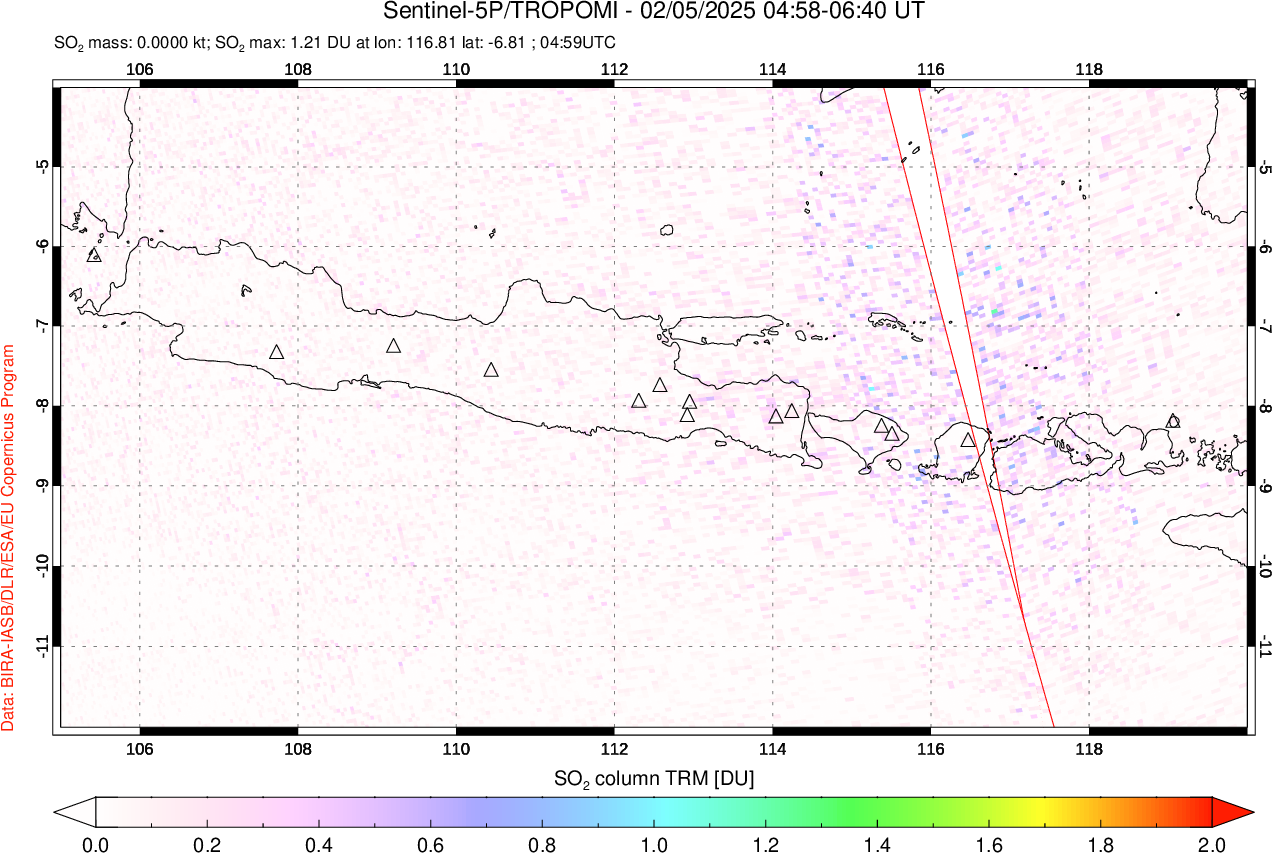 A sulfur dioxide image over Java, Indonesia on Feb 05, 2025.