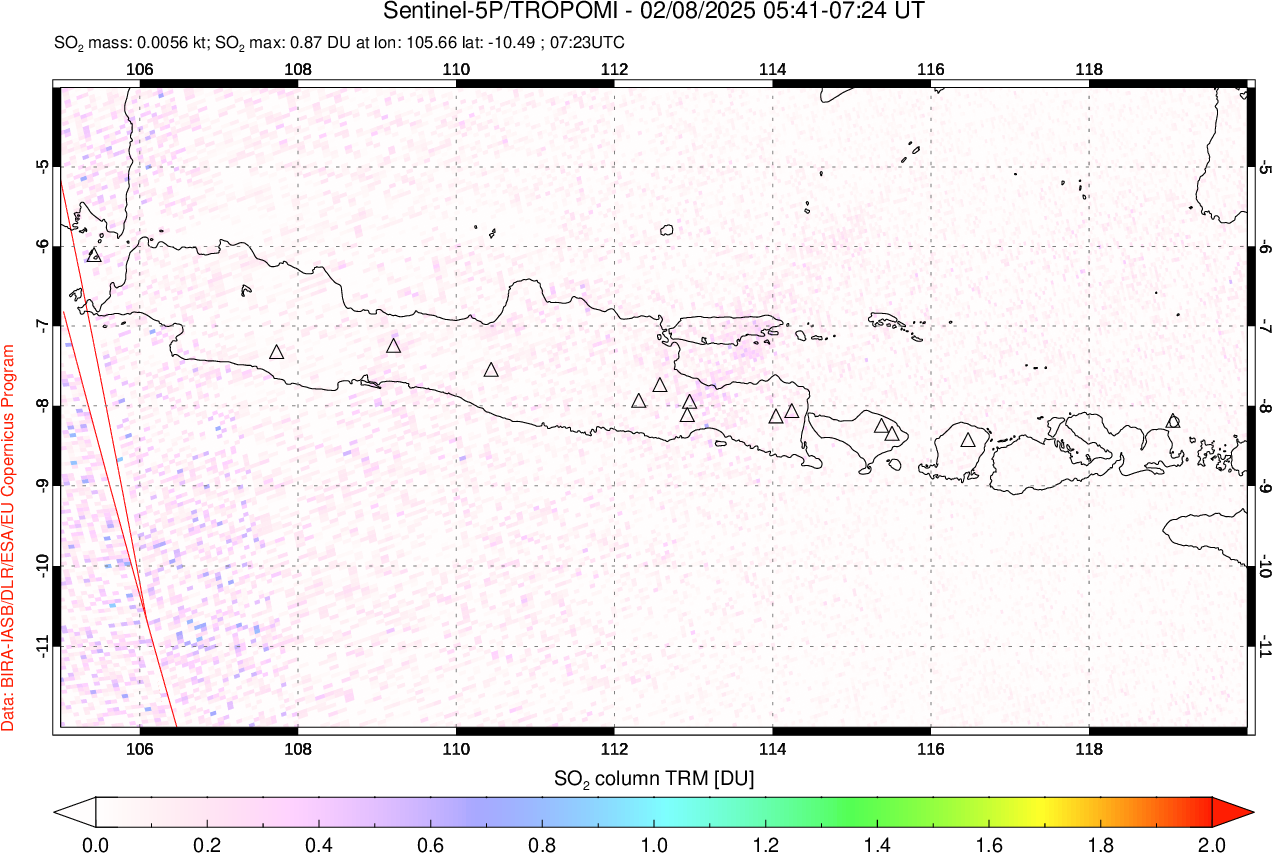 A sulfur dioxide image over Java, Indonesia on Feb 08, 2025.