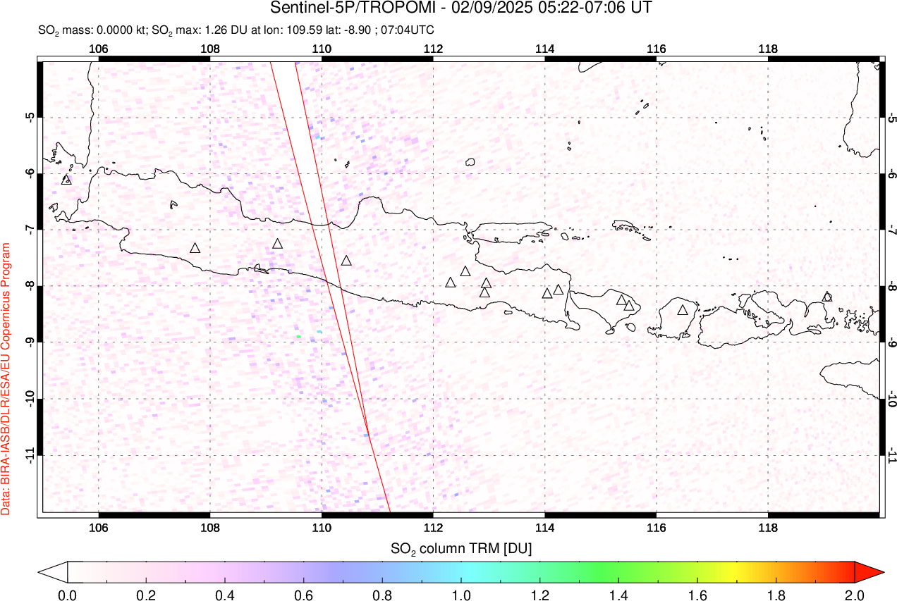 A sulfur dioxide image over Java, Indonesia on Feb 09, 2025.