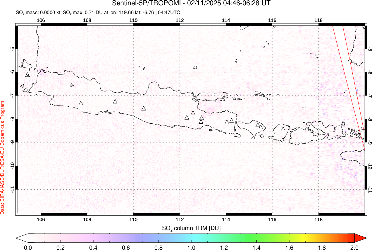 A sulfur dioxide image over Java, Indonesia on Feb 11, 2025.