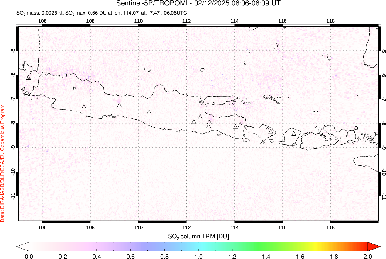 A sulfur dioxide image over Java, Indonesia on Feb 12, 2025.