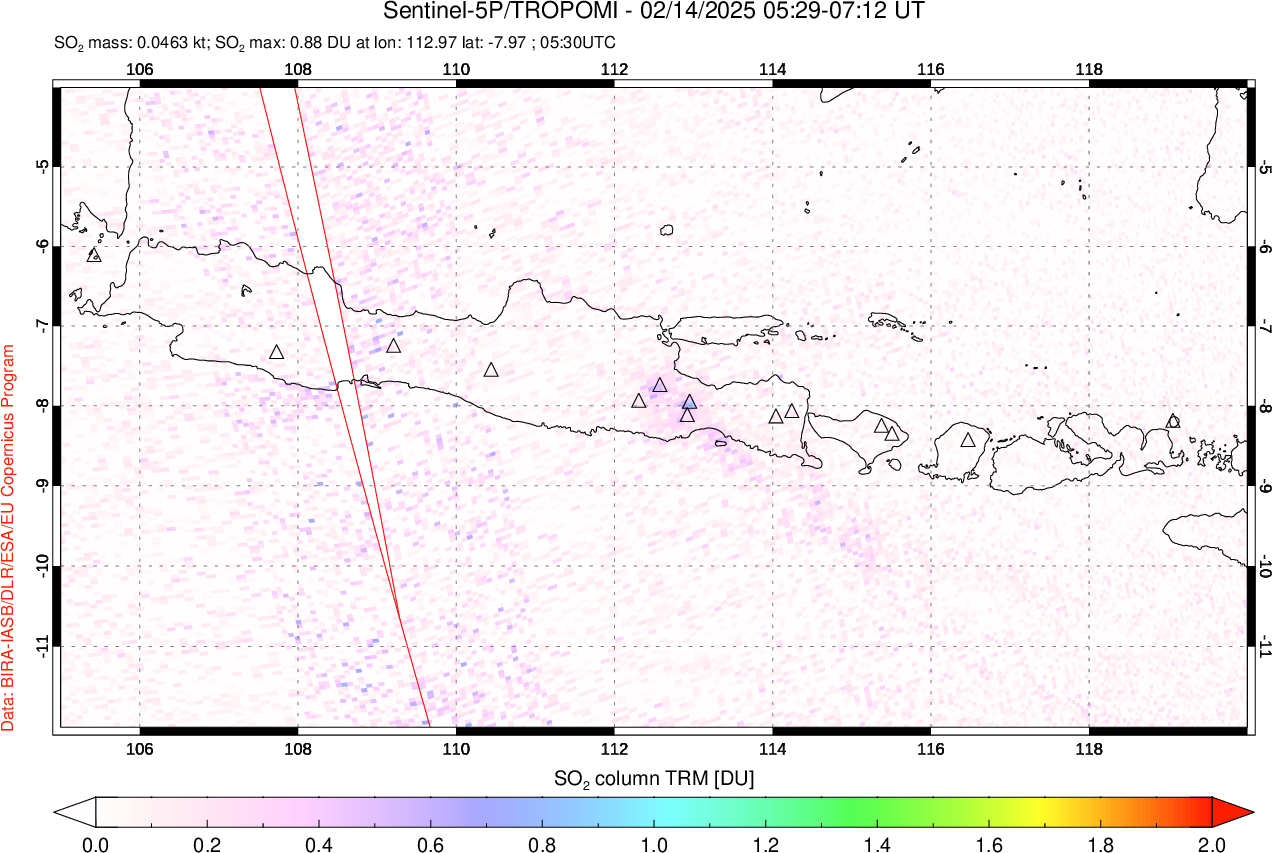 A sulfur dioxide image over Java, Indonesia on Feb 14, 2025.