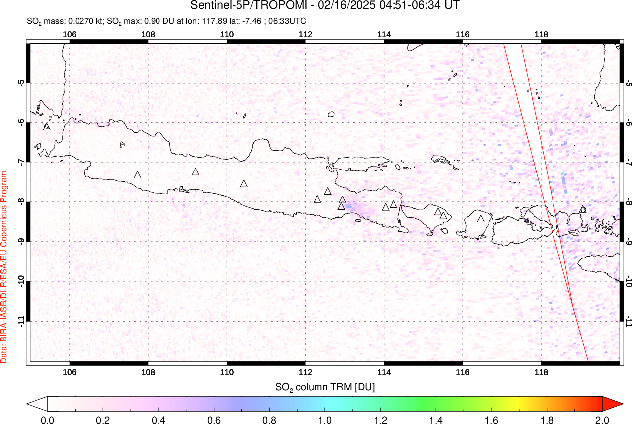 A sulfur dioxide image over Java, Indonesia on Feb 16, 2025.