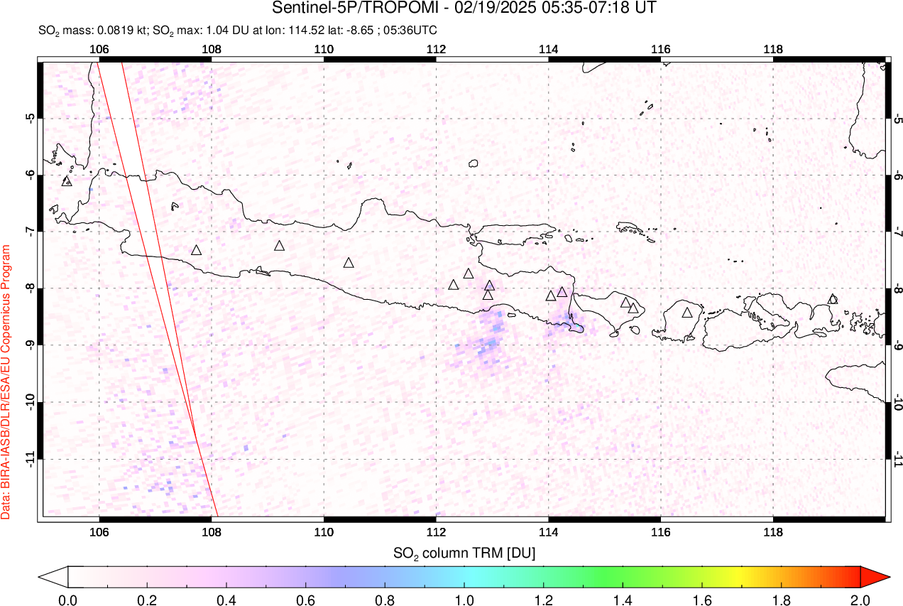 A sulfur dioxide image over Java, Indonesia on Feb 19, 2025.