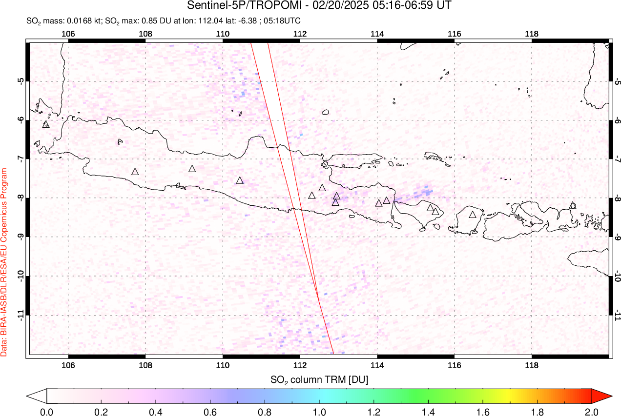 A sulfur dioxide image over Java, Indonesia on Feb 20, 2025.