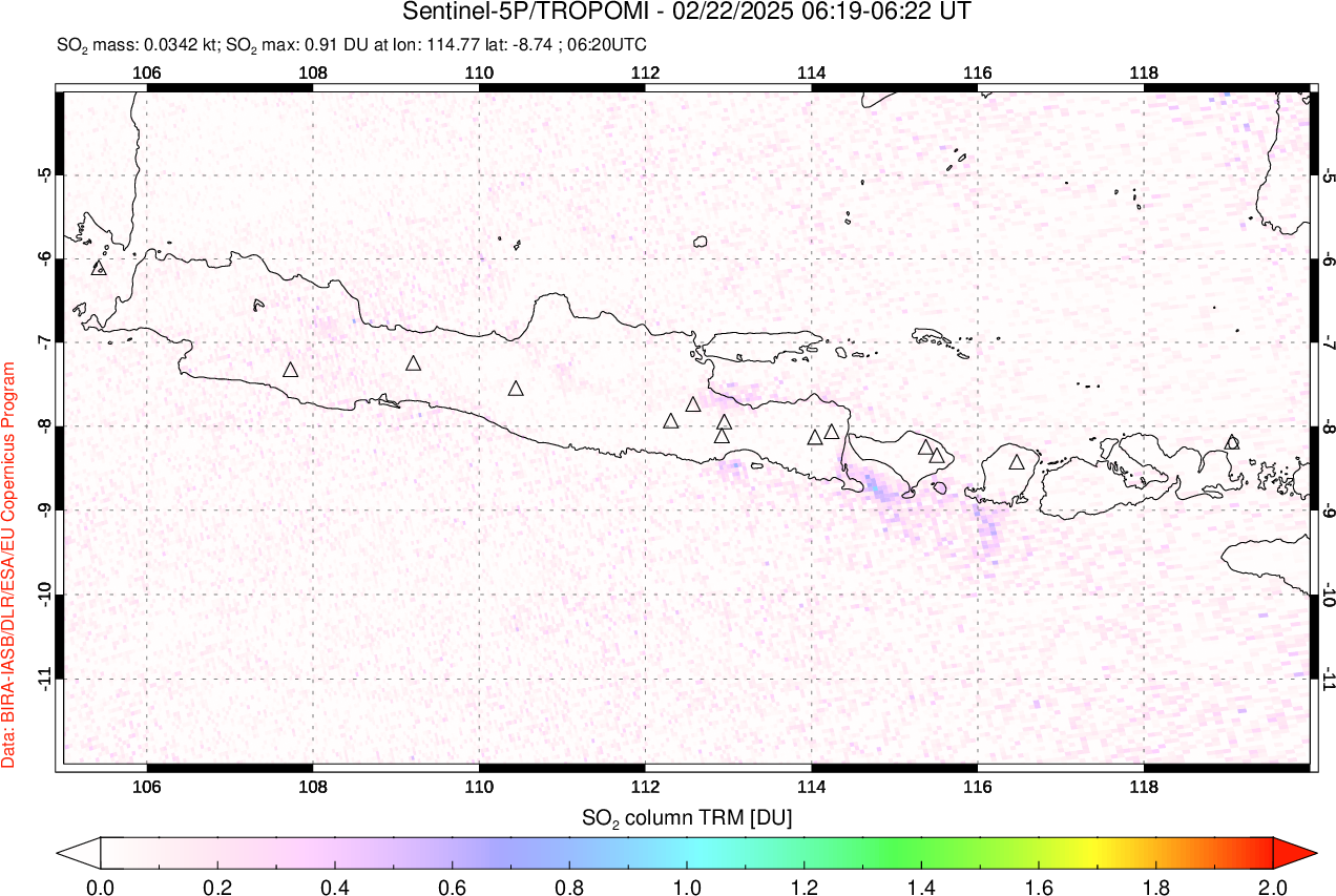 A sulfur dioxide image over Java, Indonesia on Feb 22, 2025.