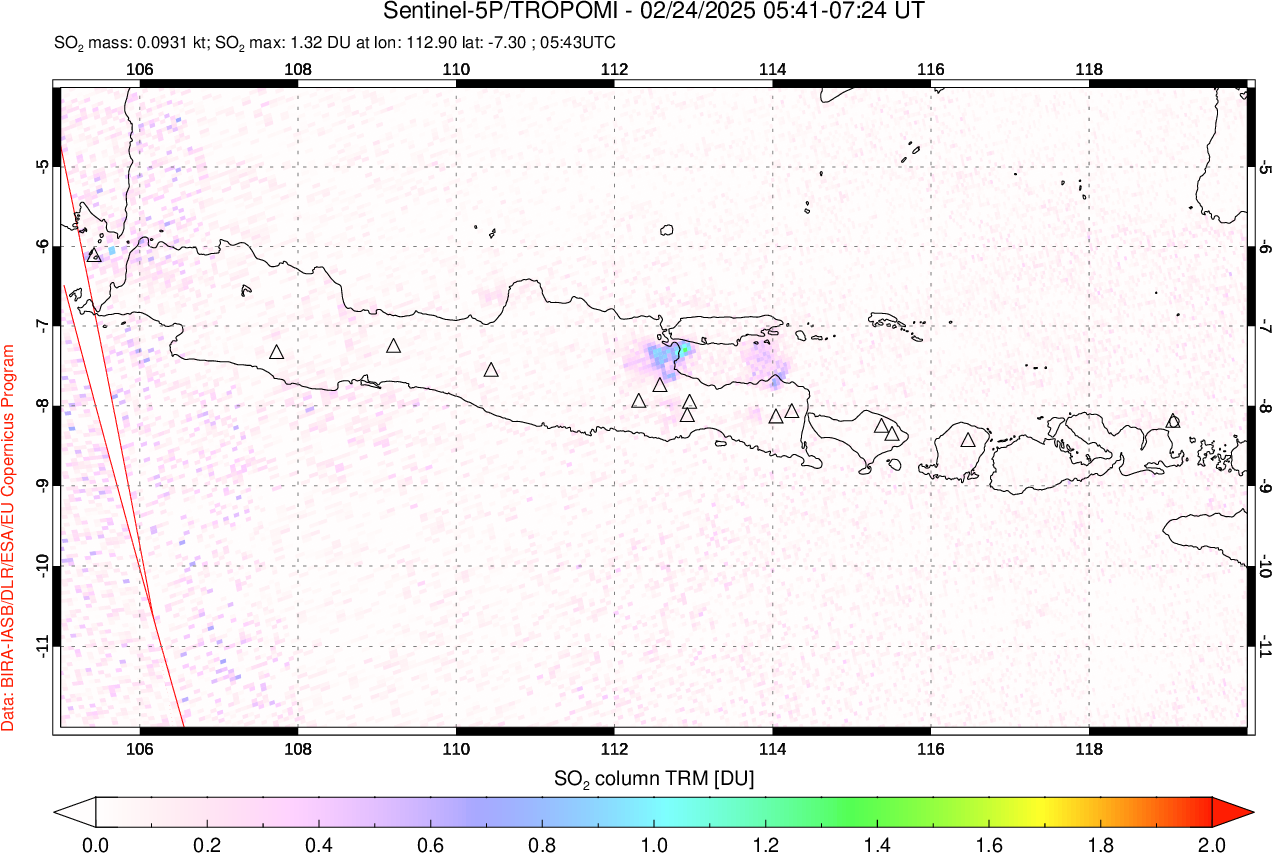 A sulfur dioxide image over Java, Indonesia on Feb 24, 2025.
