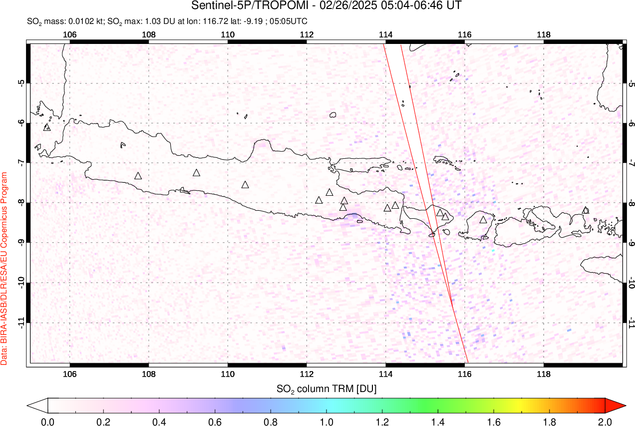A sulfur dioxide image over Java, Indonesia on Feb 26, 2025.