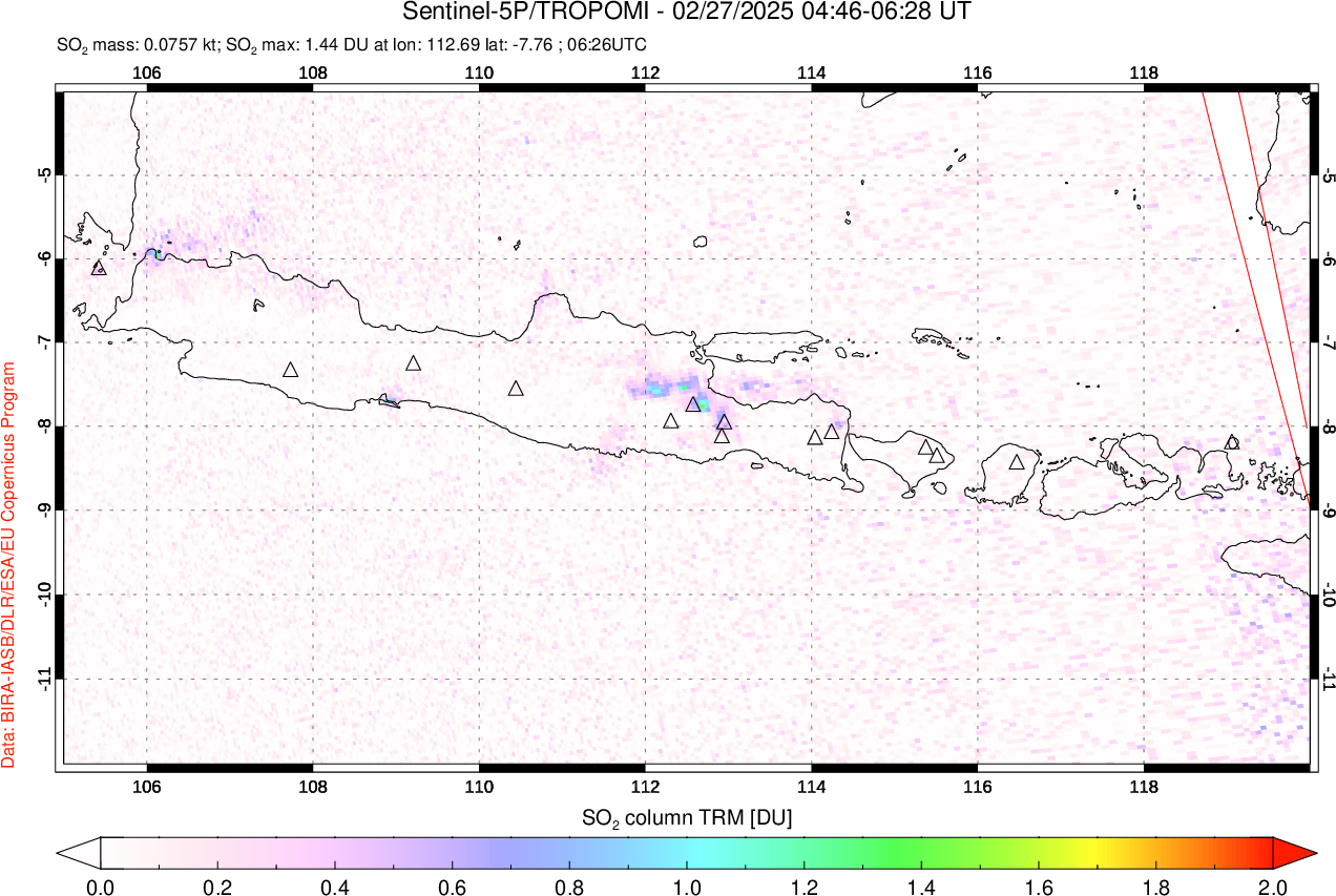 A sulfur dioxide image over Java, Indonesia on Feb 27, 2025.