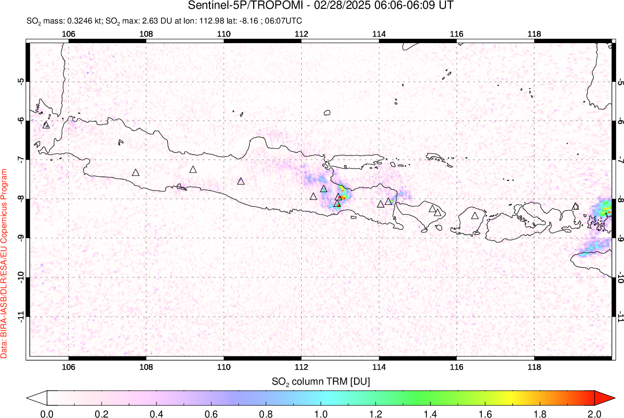 A sulfur dioxide image over Java, Indonesia on Feb 28, 2025.
