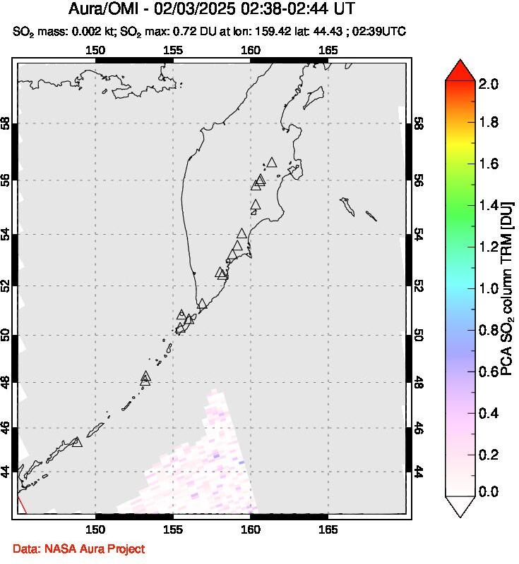 A sulfur dioxide image over Kamchatka, Russian Federation on Feb 03, 2025.