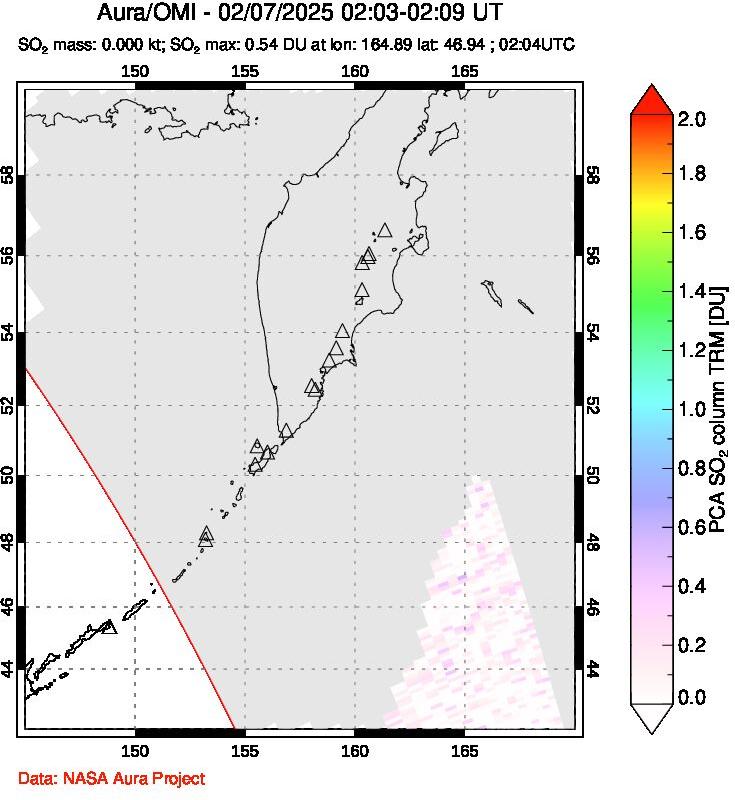 A sulfur dioxide image over Kamchatka, Russian Federation on Feb 07, 2025.