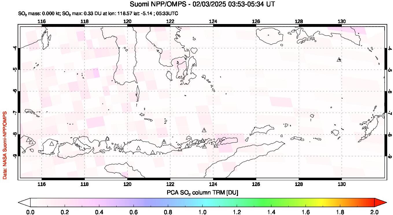 A sulfur dioxide image over Lesser Sunda Islands, Indonesia on Feb 03, 2025.