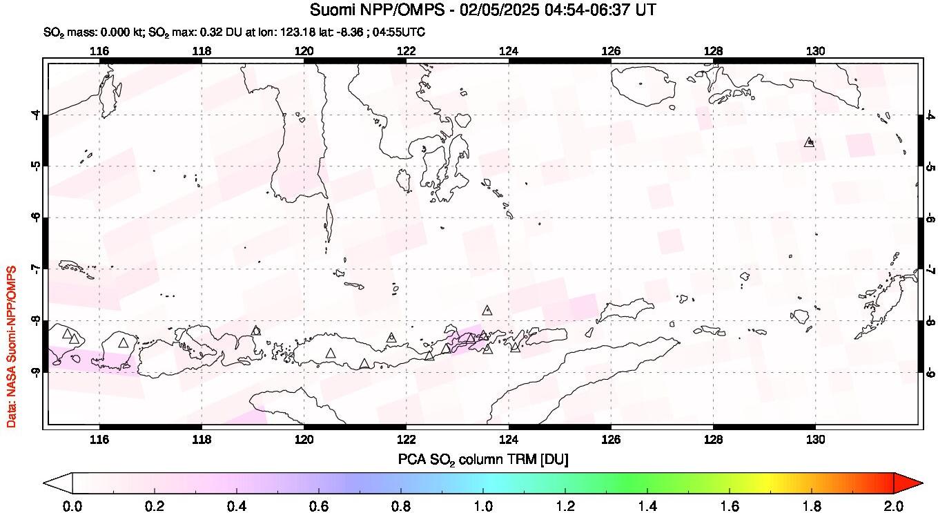 A sulfur dioxide image over Lesser Sunda Islands, Indonesia on Feb 05, 2025.