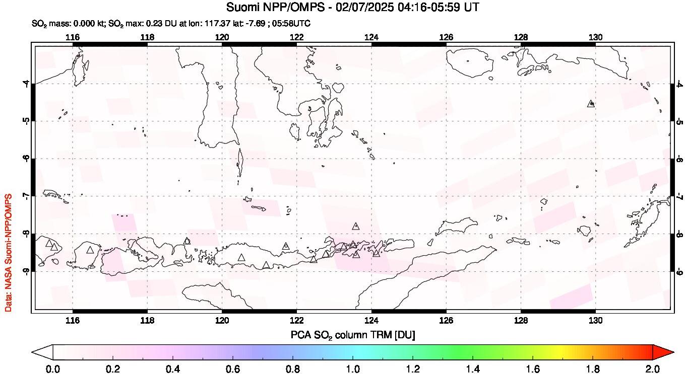 A sulfur dioxide image over Lesser Sunda Islands, Indonesia on Feb 07, 2025.