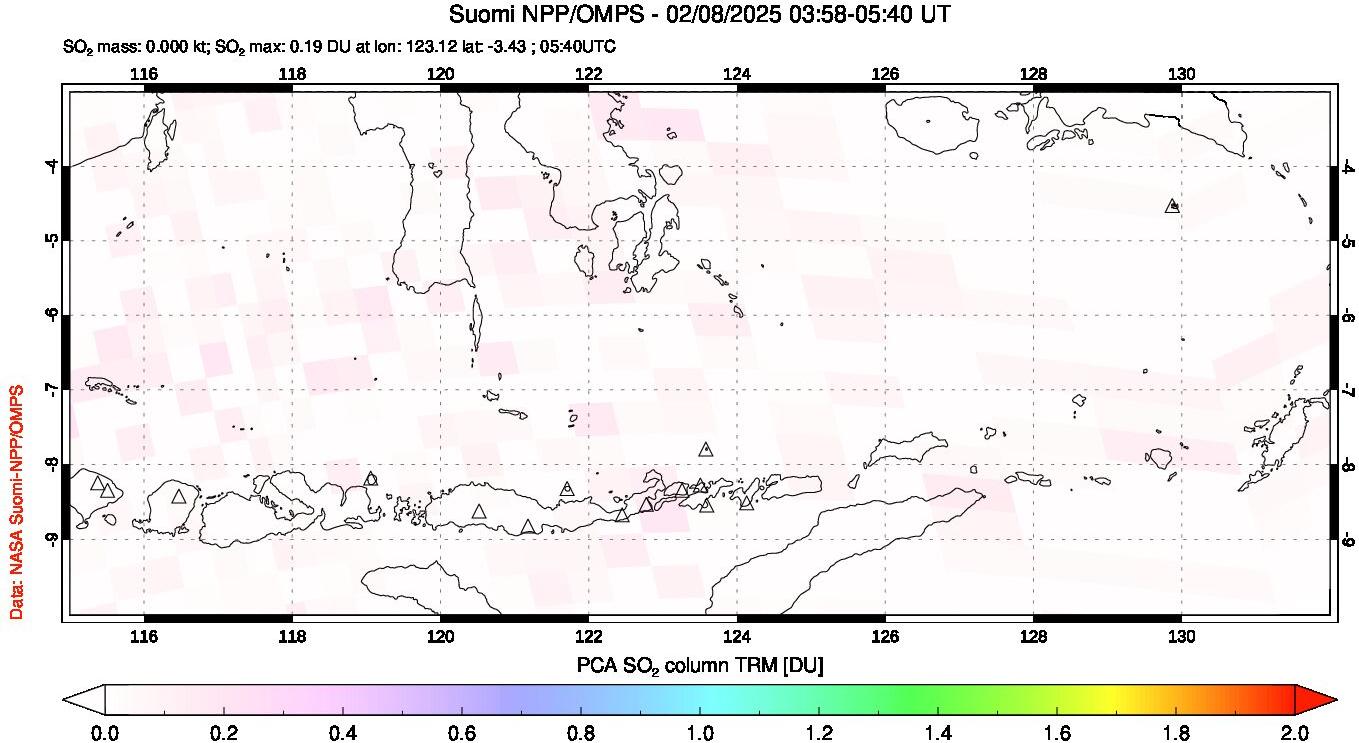 A sulfur dioxide image over Lesser Sunda Islands, Indonesia on Feb 08, 2025.