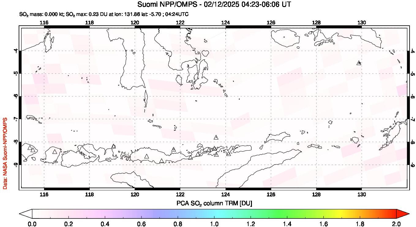 A sulfur dioxide image over Lesser Sunda Islands, Indonesia on Feb 12, 2025.