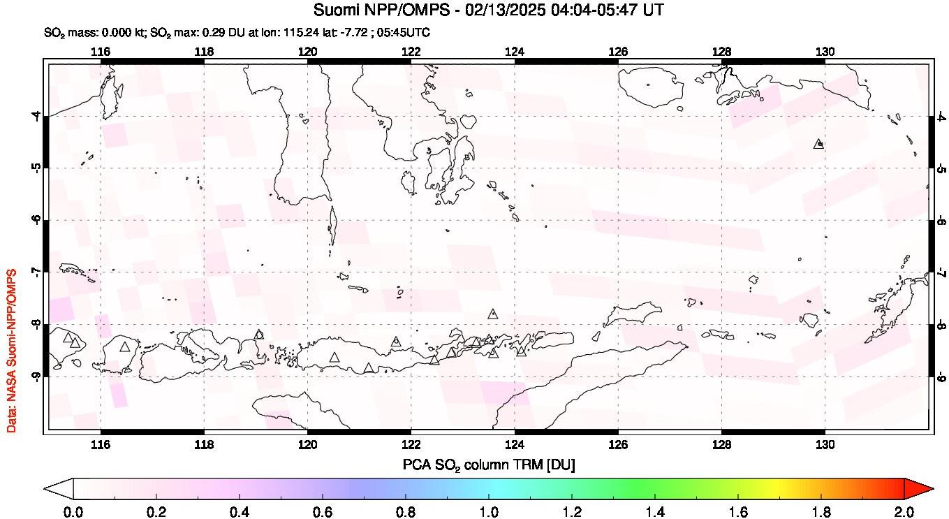 A sulfur dioxide image over Lesser Sunda Islands, Indonesia on Feb 13, 2025.