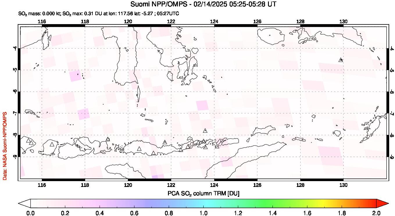 A sulfur dioxide image over Lesser Sunda Islands, Indonesia on Feb 14, 2025.