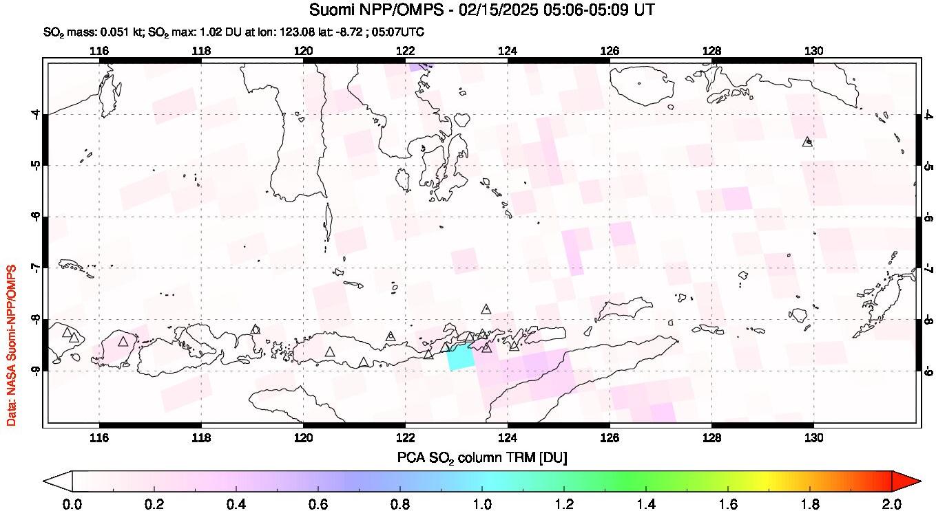 A sulfur dioxide image over Lesser Sunda Islands, Indonesia on Feb 15, 2025.