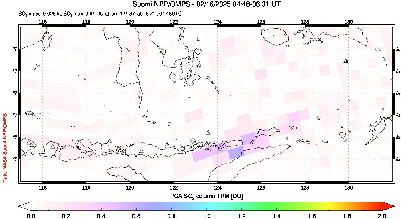 A sulfur dioxide image over Lesser Sunda Islands, Indonesia on Feb 16, 2025.