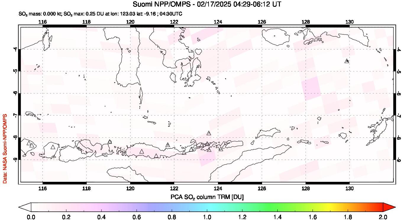 A sulfur dioxide image over Lesser Sunda Islands, Indonesia on Feb 17, 2025.