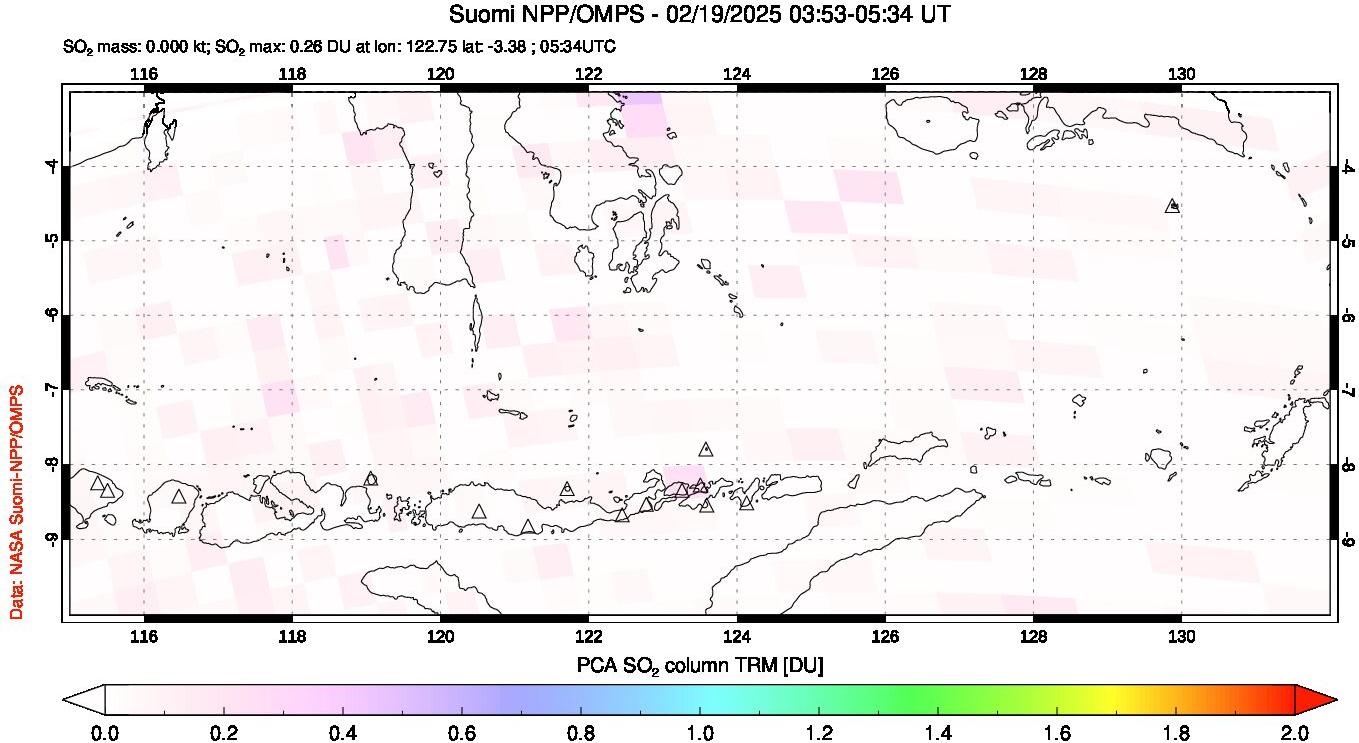 A sulfur dioxide image over Lesser Sunda Islands, Indonesia on Feb 19, 2025.