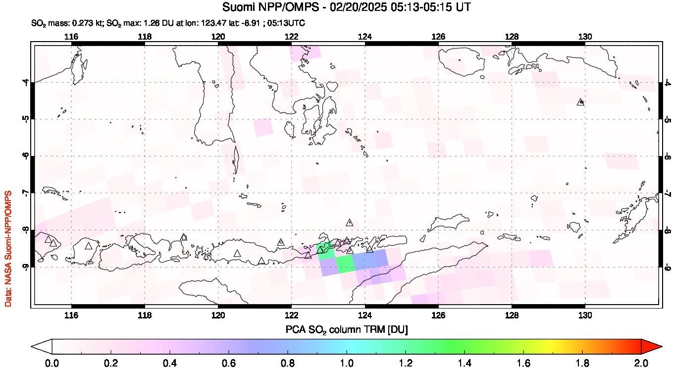 A sulfur dioxide image over Lesser Sunda Islands, Indonesia on Feb 20, 2025.