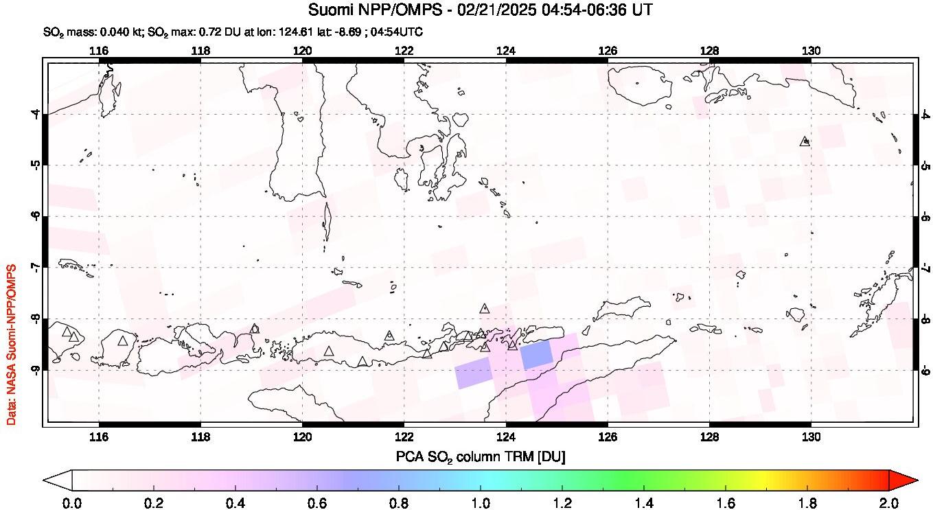 A sulfur dioxide image over Lesser Sunda Islands, Indonesia on Feb 21, 2025.