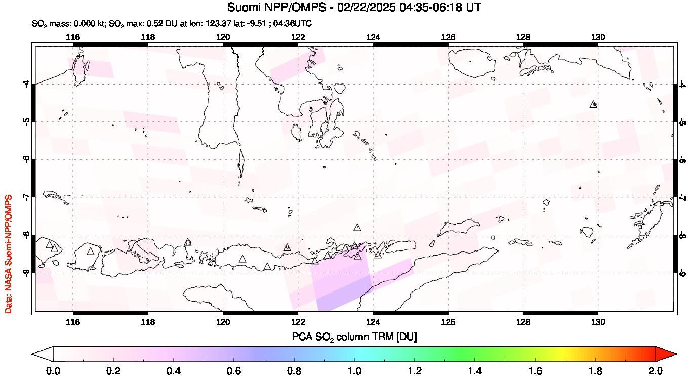 A sulfur dioxide image over Lesser Sunda Islands, Indonesia on Feb 22, 2025.