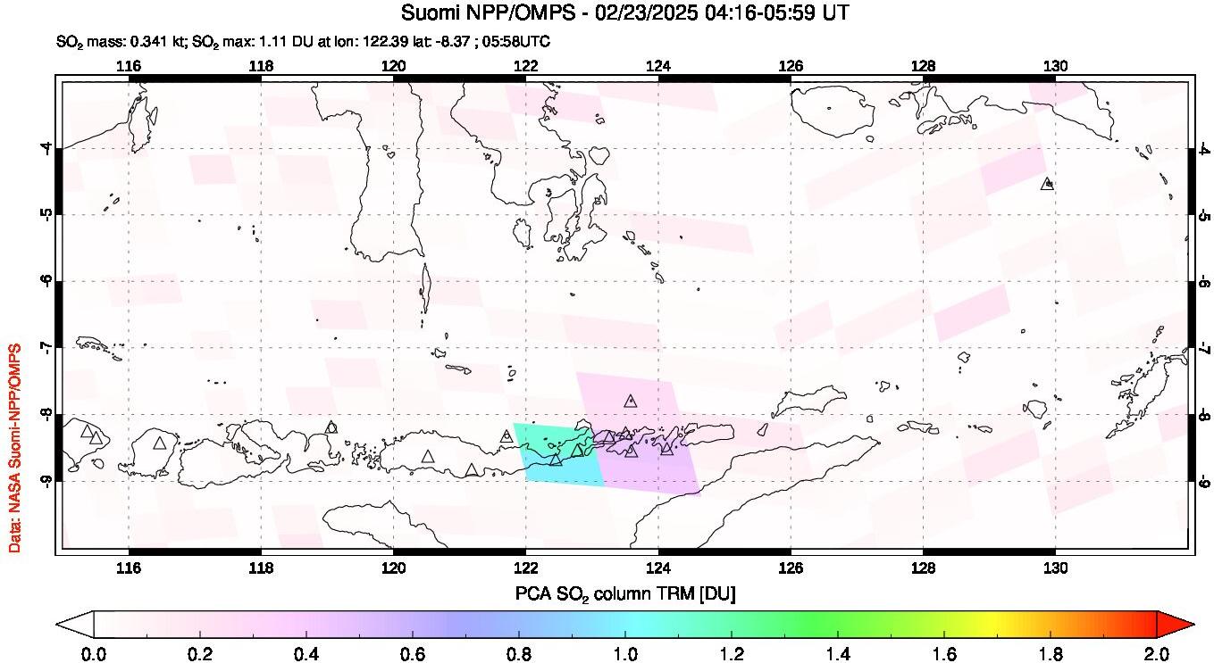 A sulfur dioxide image over Lesser Sunda Islands, Indonesia on Feb 23, 2025.