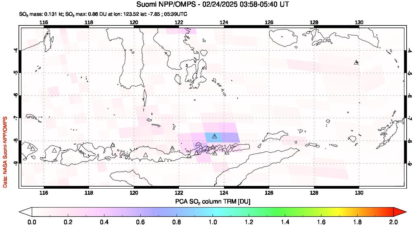 A sulfur dioxide image over Lesser Sunda Islands, Indonesia on Feb 24, 2025.