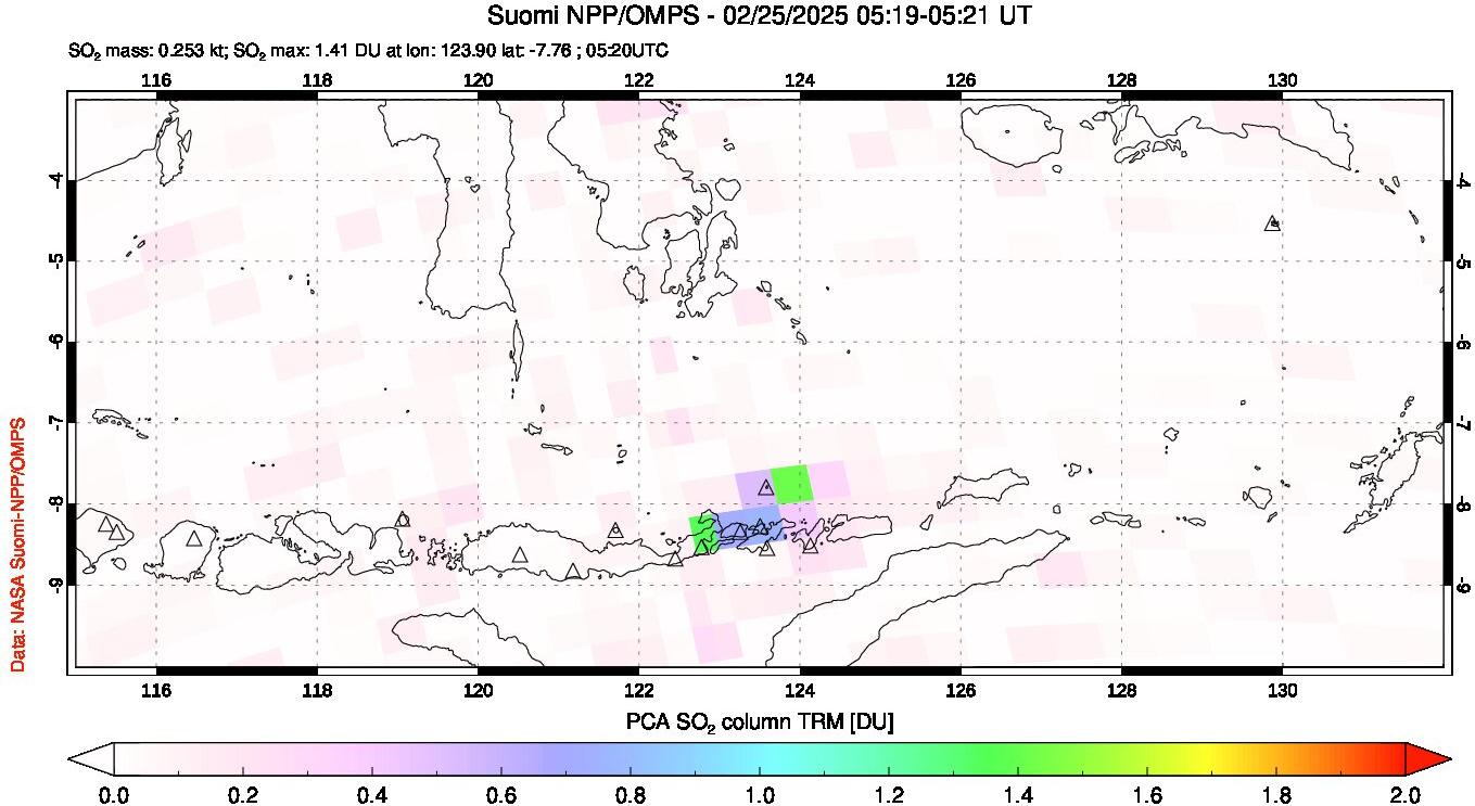 A sulfur dioxide image over Lesser Sunda Islands, Indonesia on Feb 25, 2025.