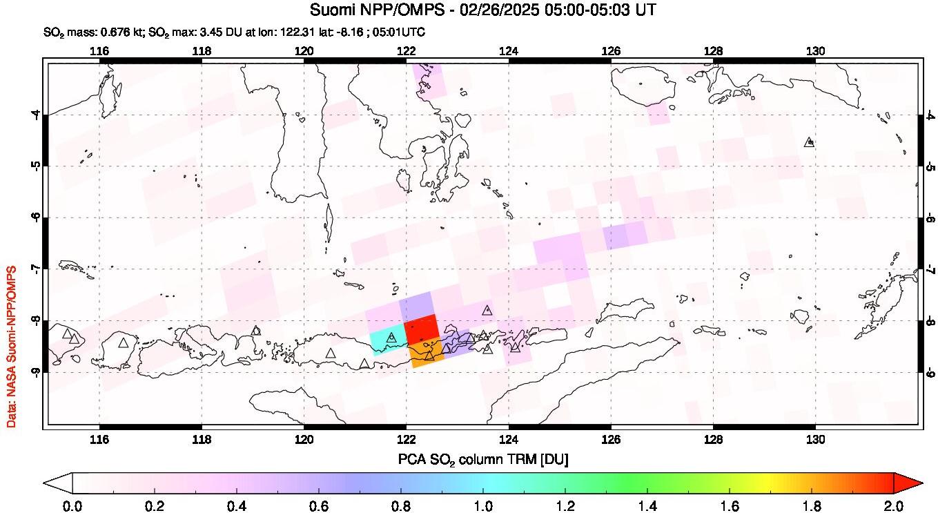 A sulfur dioxide image over Lesser Sunda Islands, Indonesia on Feb 26, 2025.